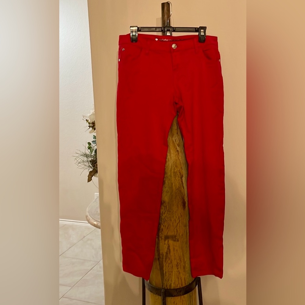 Celebrity Pink stretchy Bold Scarlet Red Jr SZ 13 Pants w silver logo plate EUC